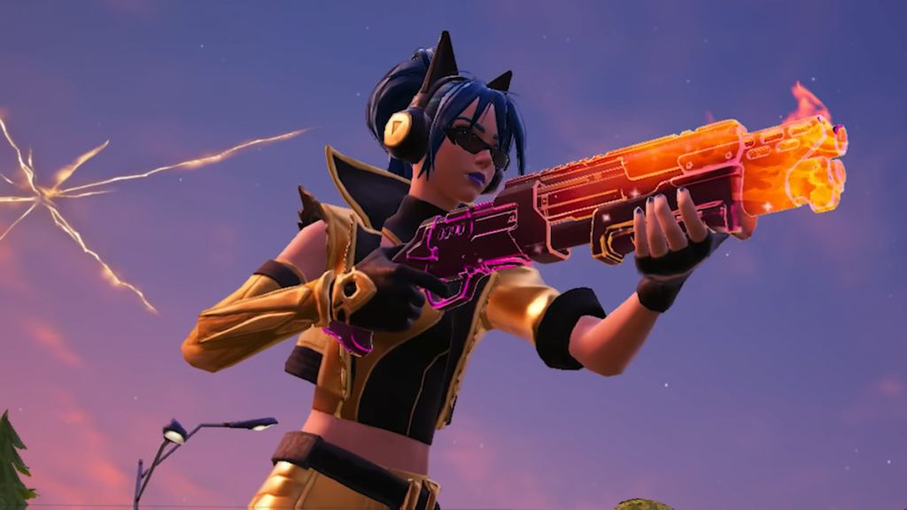 Hope running with a rainbow colored exotic weapon in Fortnite