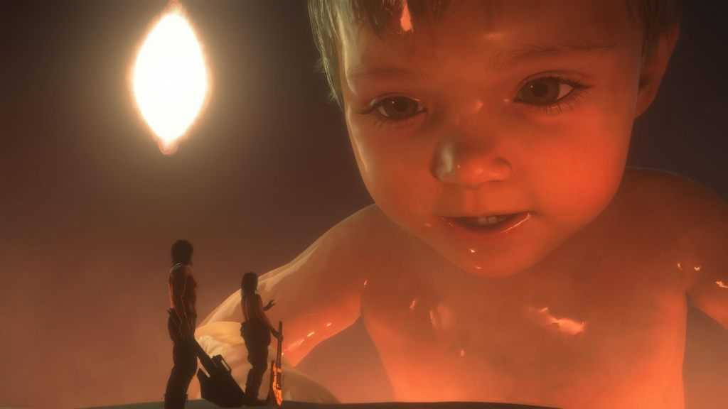 Sam and Higgs with giant baby Lou in the background