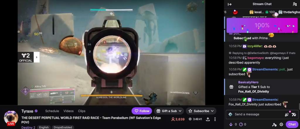 Tyraxe stream chat in D2 Raid Race