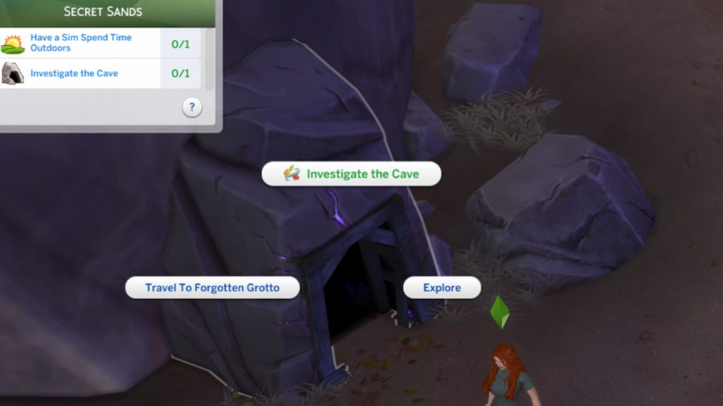 The investigate the cave option on a cave in the sims 4