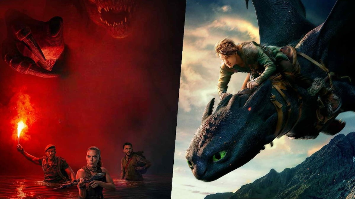 Three characters walking through red water with a massive dinosaur looming over them in jurassic world rebirth next to a boy riding a black dragon in how to train your dragon