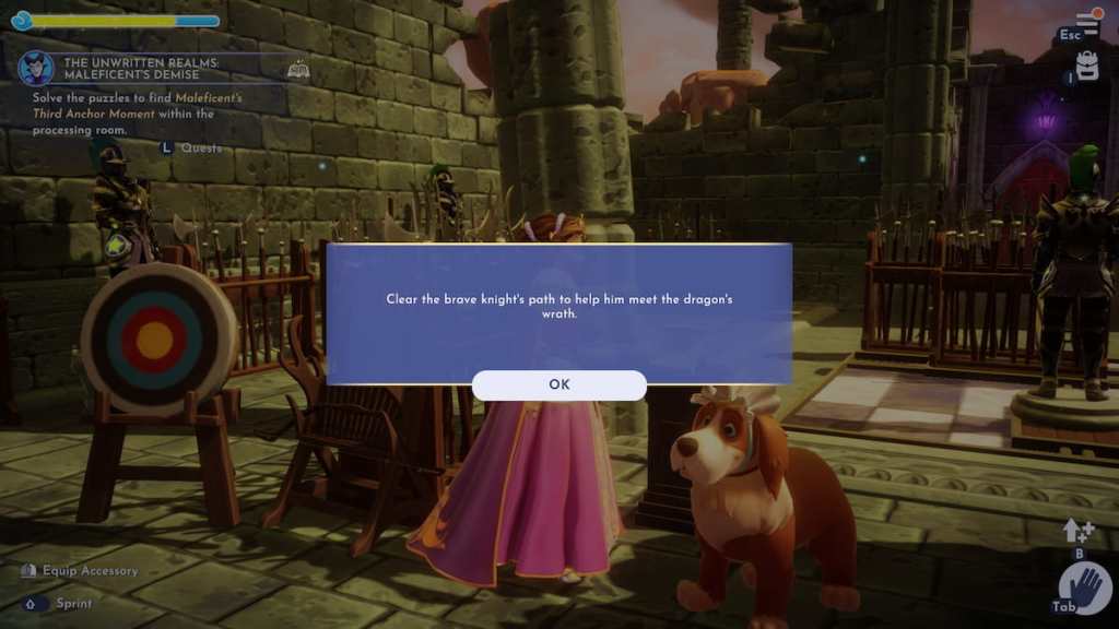 A hint that reads "clear the brave knight's path to help him meet the dragon's wrath" in DDV