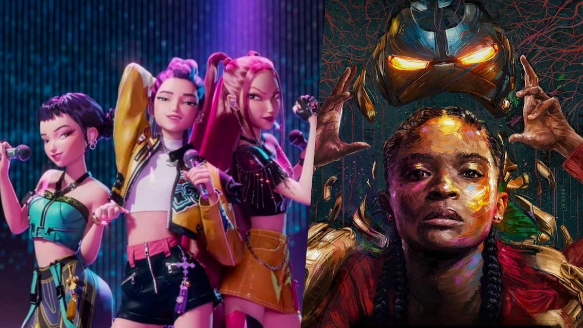 Three kpop singers singing together in kpop demon hunters next to riri williams with an iron mask floating above her head in ironheart