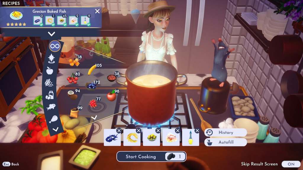 Cooking grecian baked fish on an stove in disney dreamlight valley