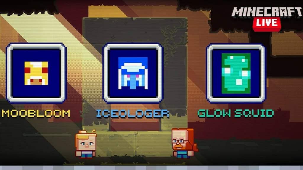 Moobloom, iceloger, and glow squid in minecraft 
