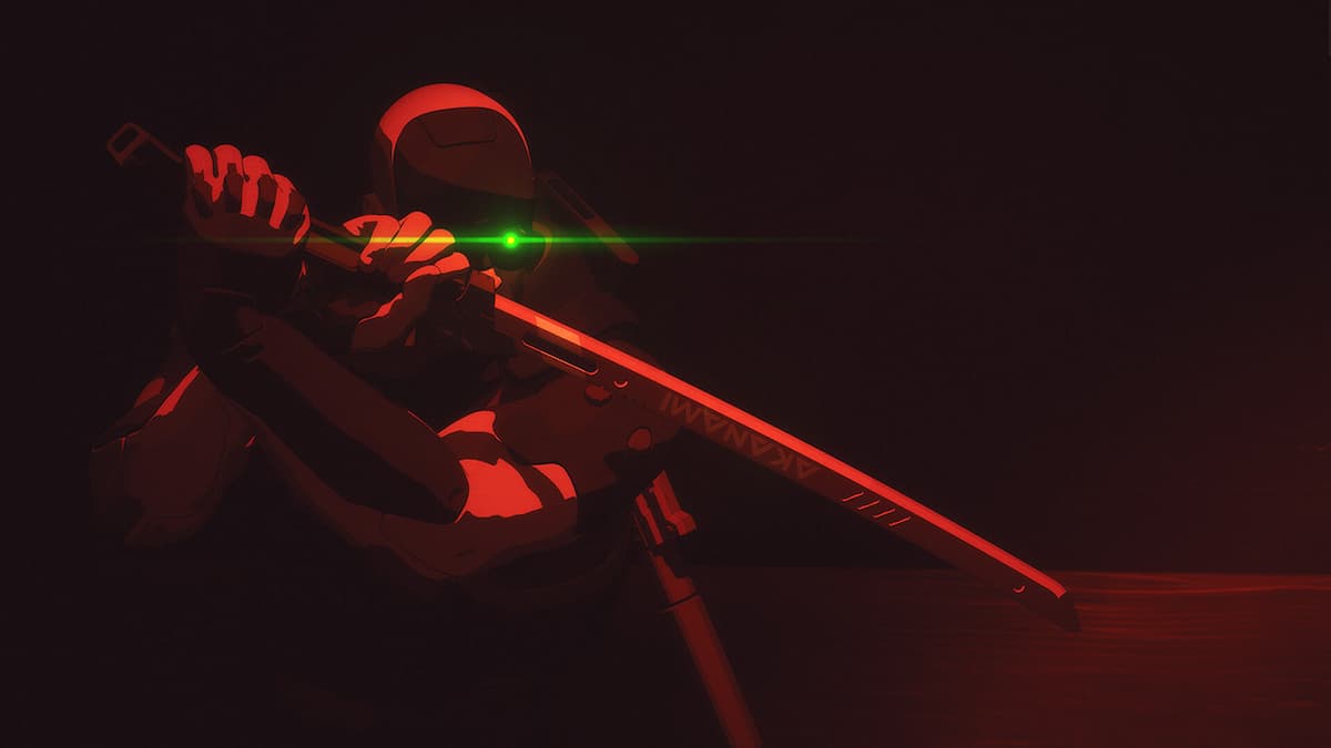 A ninja standing in a red-lit room in Out of Action.