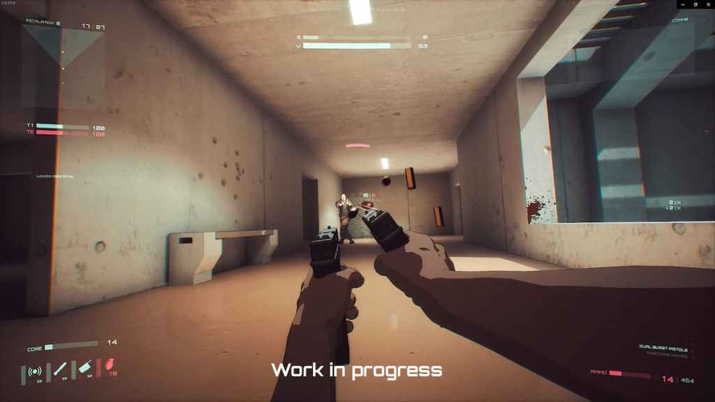 A character holding two pistols and shooting at another character while falling down in Out of Action. 