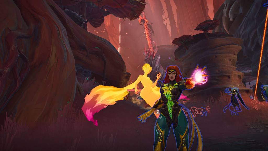 Phoenix holding out her hand and using pink powers with a giant sword statue in the background in marvel rivals