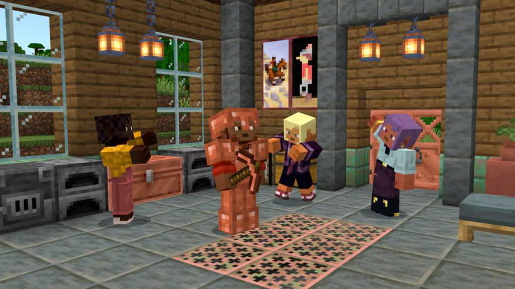 A player wearing all copper armor holding a copper pickaxe standing inside a house with three other players around them in minecraft