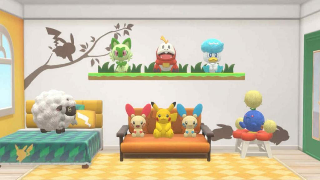 A cozy room with a bunch of pokemon plushes in pokemon friends