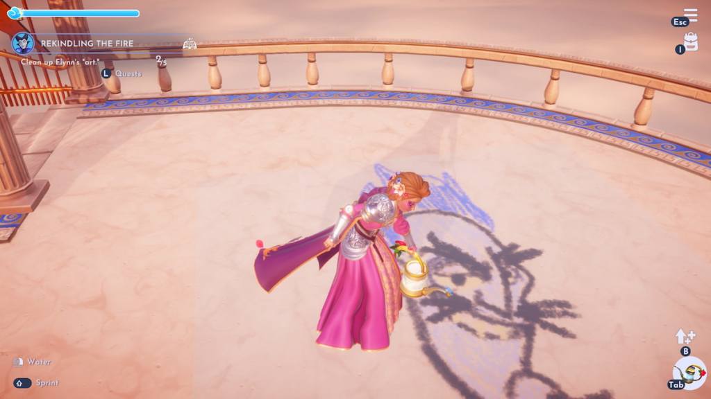 Watering a drawing of hades in disney dreamlight valley