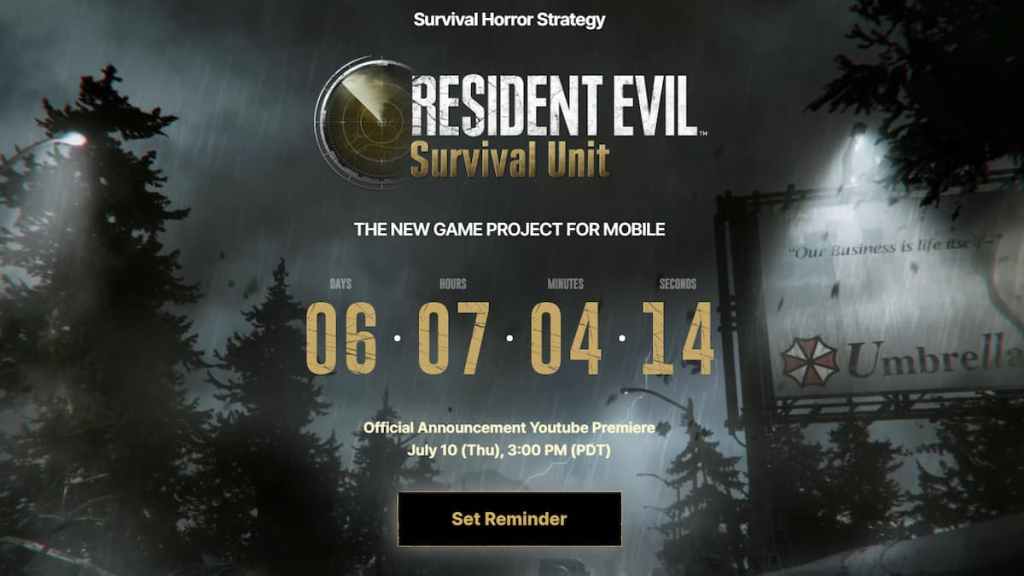 Countdown timer aiming for July 10 with additional information about Resident Evil: Survival Unit. 