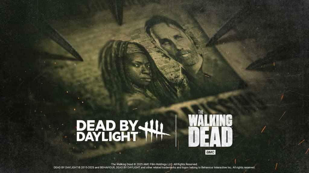 A missing poster of Rick and Michonne Grimes from The Walking Dead edited and overlaid with logos of that franchise and Dead by Daylight. 
