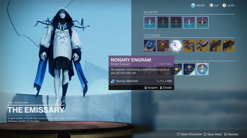 The Emissary's vendor menu during Rite of the Nine, showing her full inventory—including Nonay Engrams.