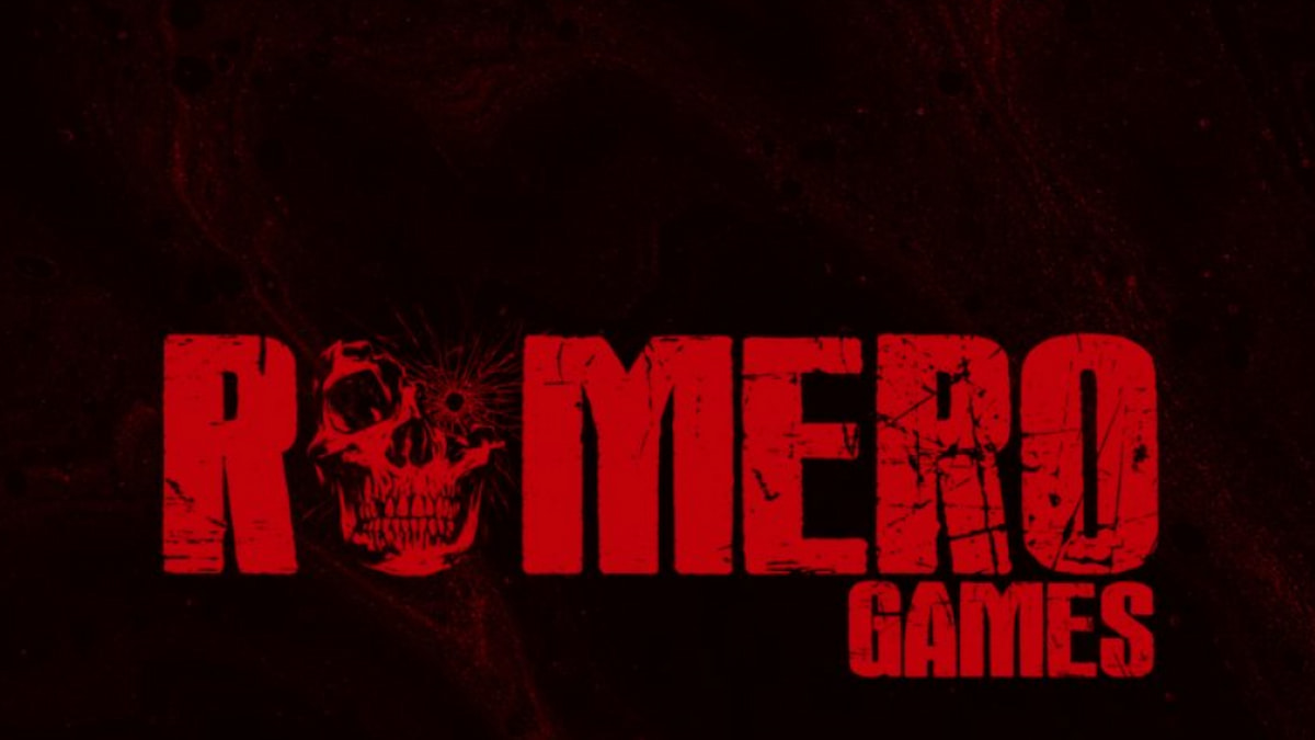 A black-and-red background with the words ROMERO GAMES written on it.