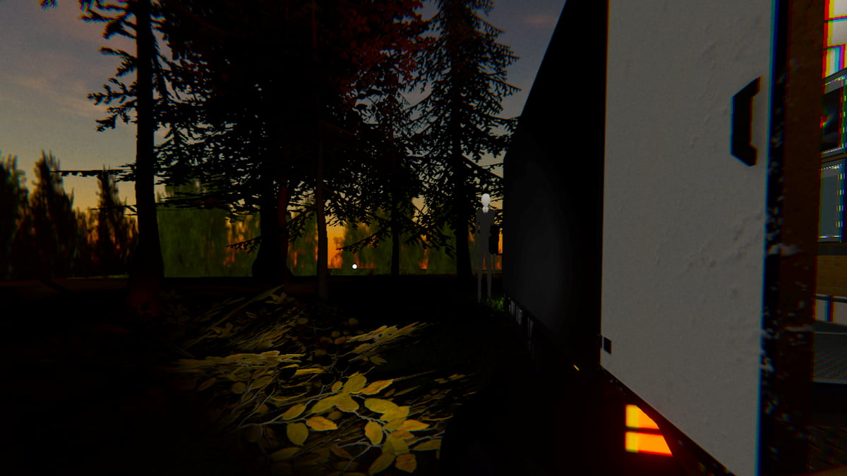 Slenderman standing in the woods at sunset in Phasmophobia