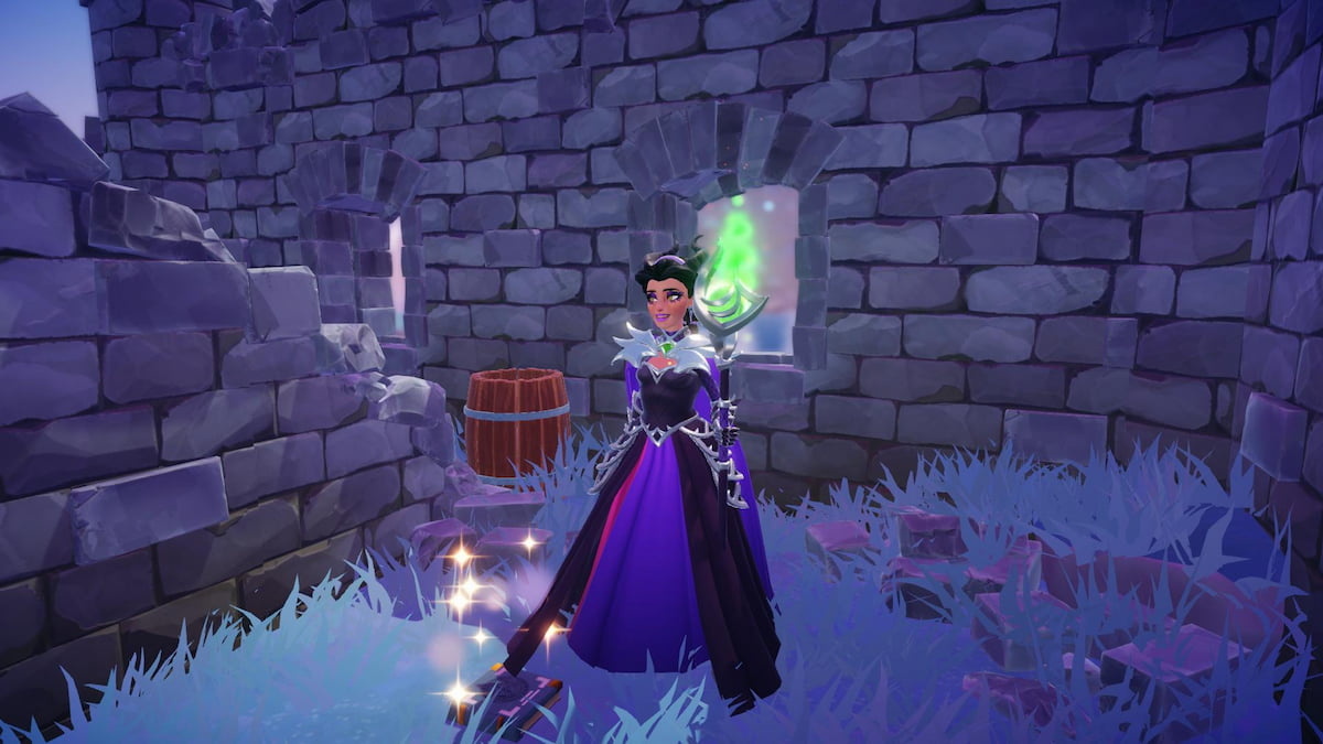 A character in a long purple and black dress standing by a fairy tale book on the ground in disney dreamlight valley