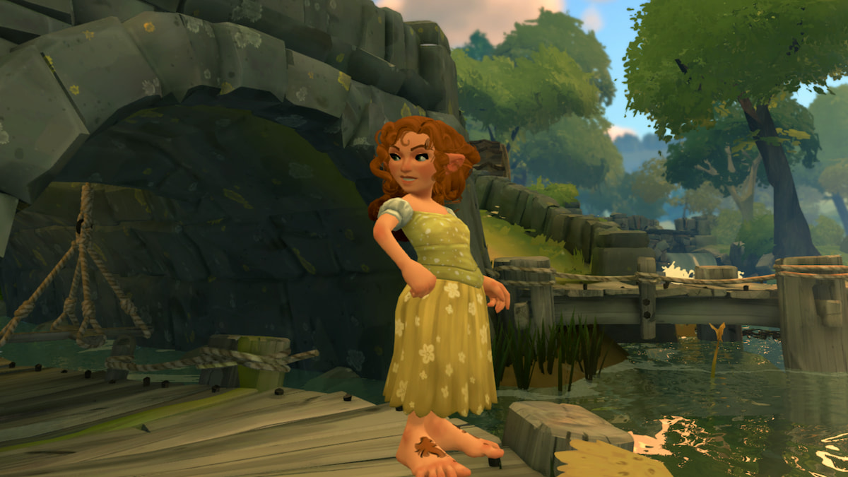 A hobbit with orange hair and a yellow dress standing in front of a tunnel in tales of the shire