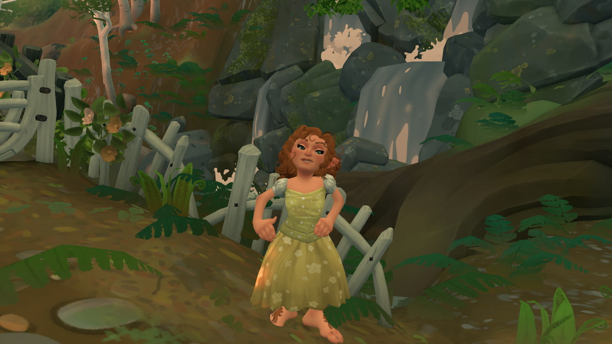 A hobbit with orange hair and a yellow dress standing by water in tales of the shire