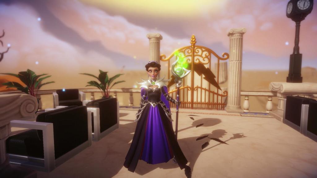 A player in a long purple and pink dress standing by some raven feathers on the ground in disney dreamlight valley