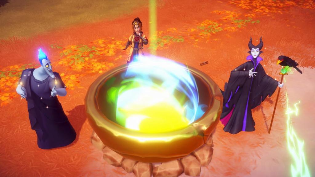 Standing with Hades and Maleficent by a fire in disney dreamlight valley