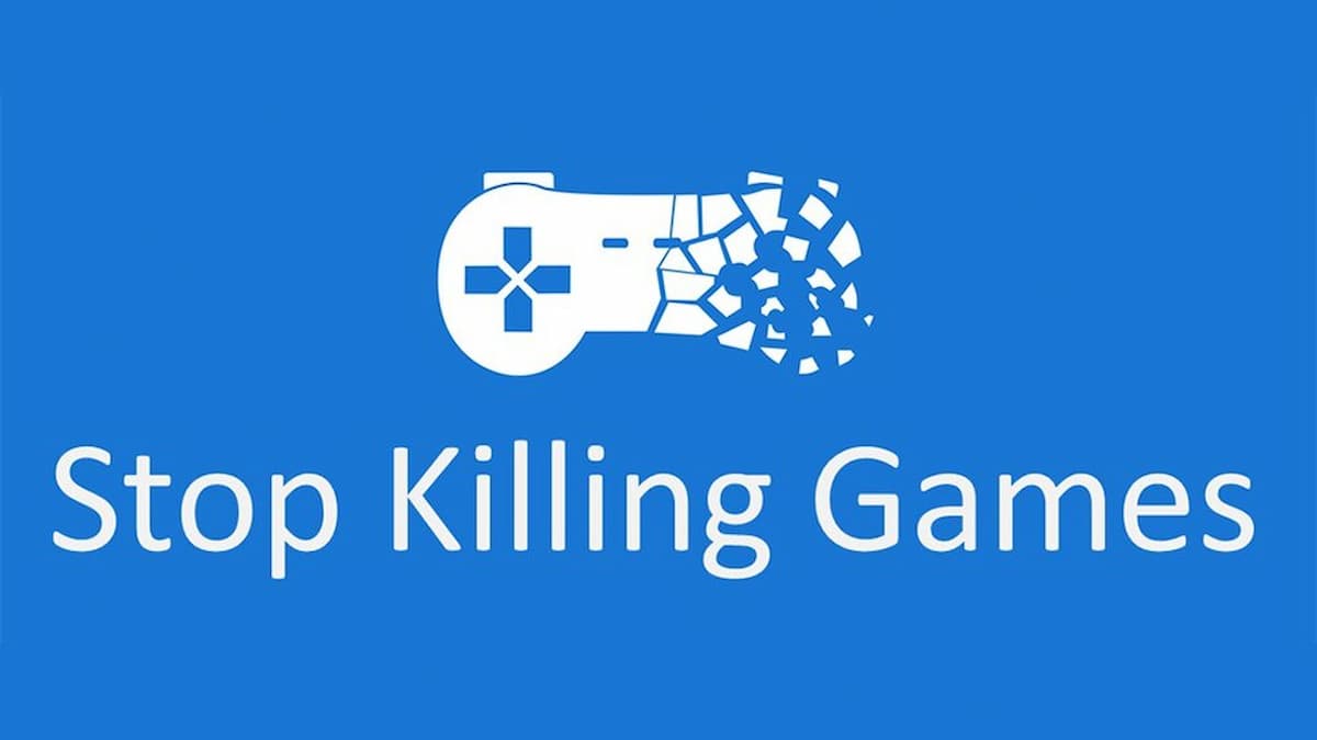 A white controller shattered against a blue background with the words "Stop Killing Games" written beneath it.