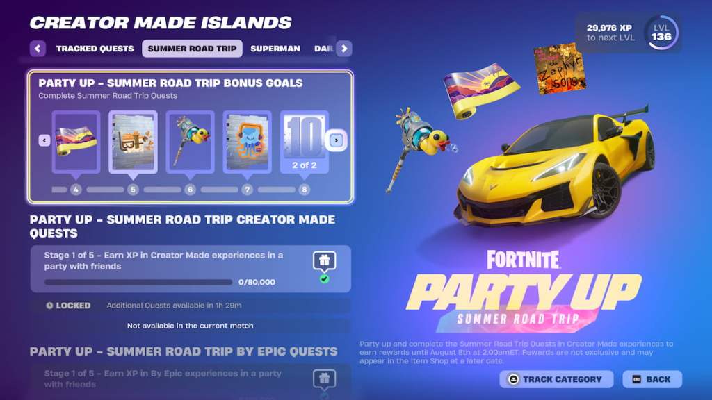 The summer road trip event quest page in fortnite with some rewards and quests pictured