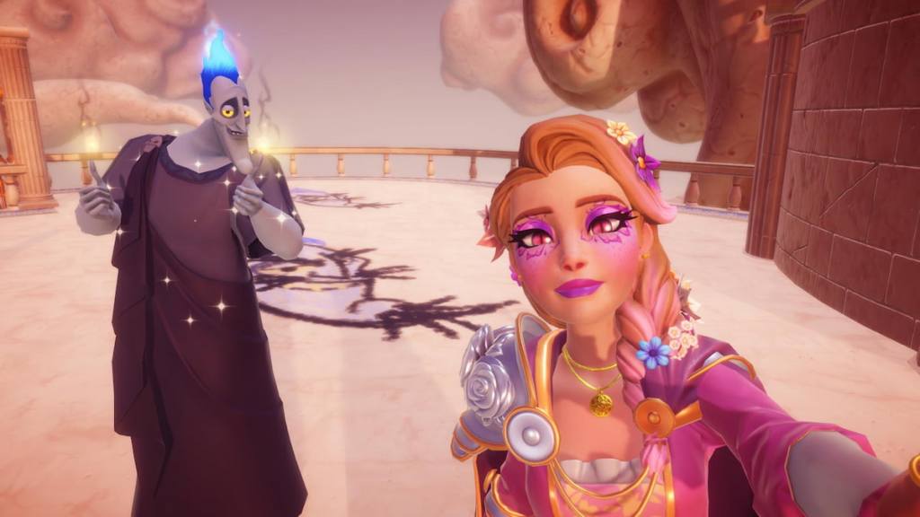 Taking a picture with hades and hades drawings on the ground in disney dreamlight valley
