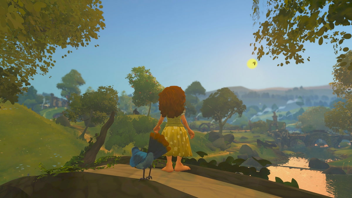 A hobbit with curly orange hair and a yellow skirt standing on a wooden bridge looking out at a forest scenery in tales of the shire