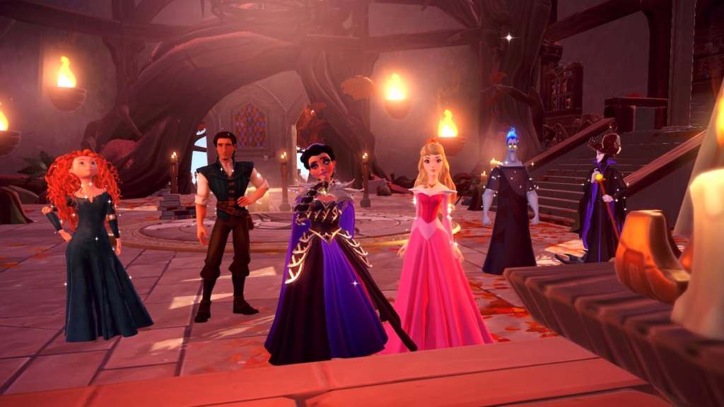 A player in a long purple and black dress standing with merida, flynn, aurora, hades, and maleficent in disney dreamlight valley