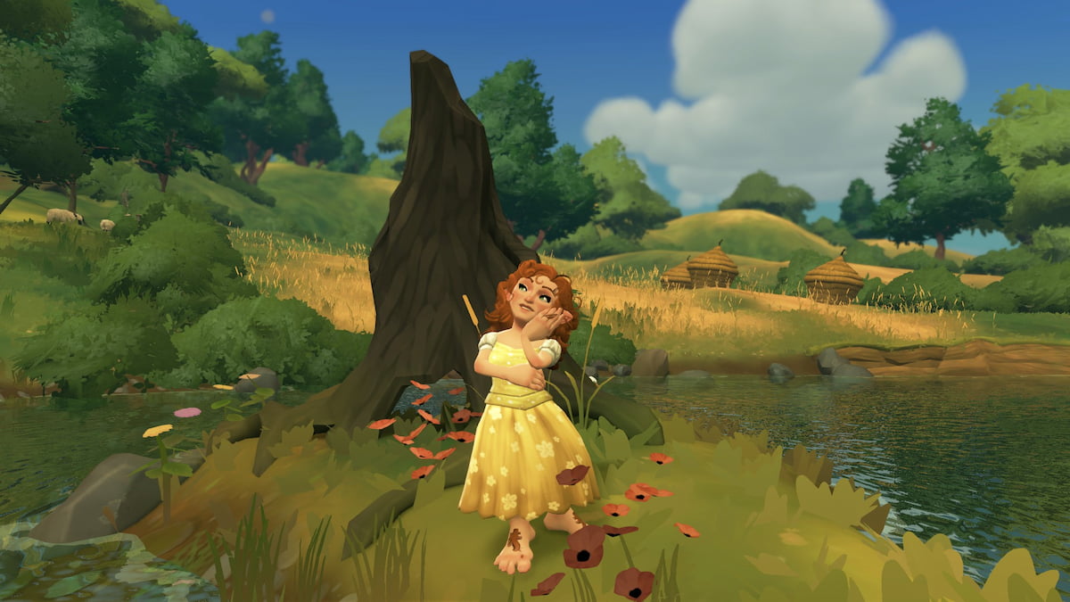 A hobbit wearing a yellow dress standing in front of a tree trunk in tales of the shire