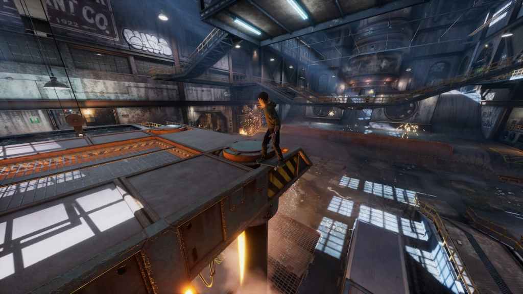 Tony Hawk grinding on the edge of a ramp in a factory in Tony Hawk's Pro Skater 3+4. 
