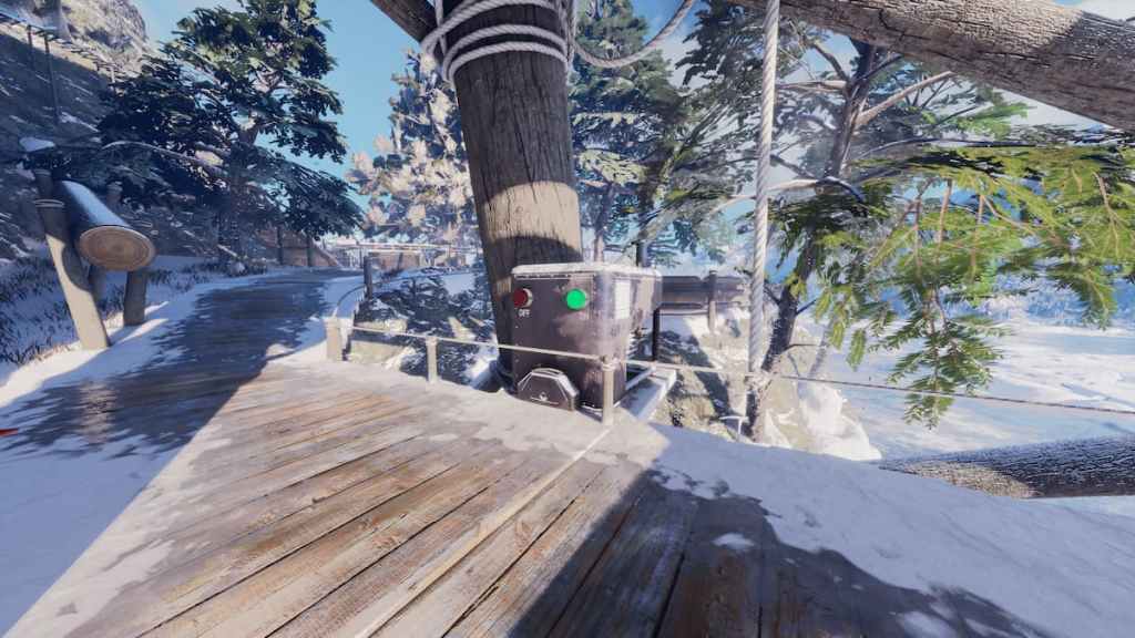 A generator unit located in a snowy area next to a wooden platform and massive beam in Tony Hawk's Pro Skater 3+4. 