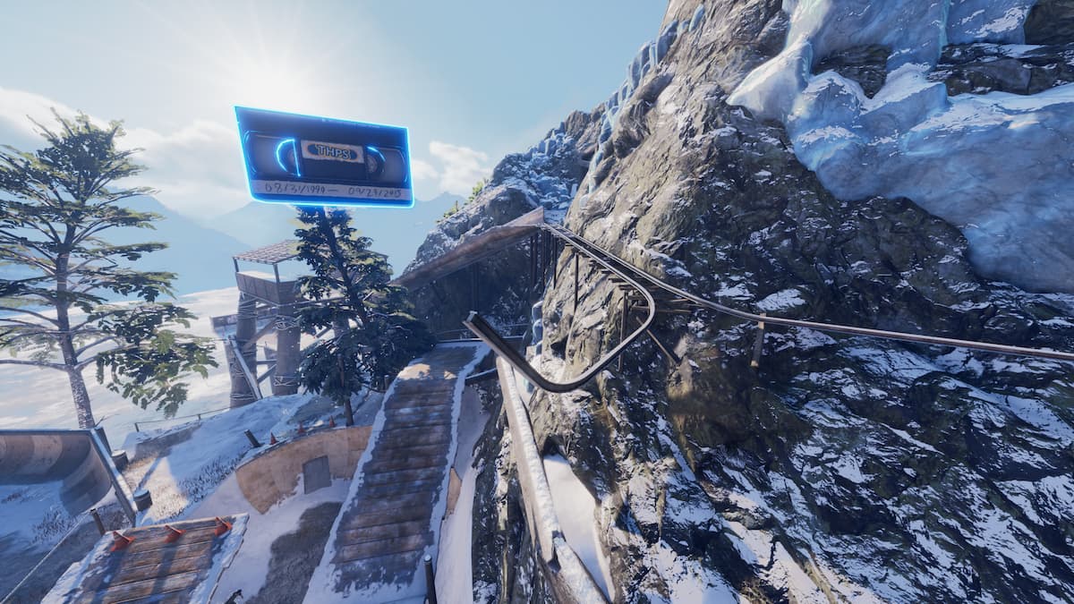 A video tape floating at the end of a broken railway in a snowy mountain in Tony Hawk's Pro Skater 3+4.