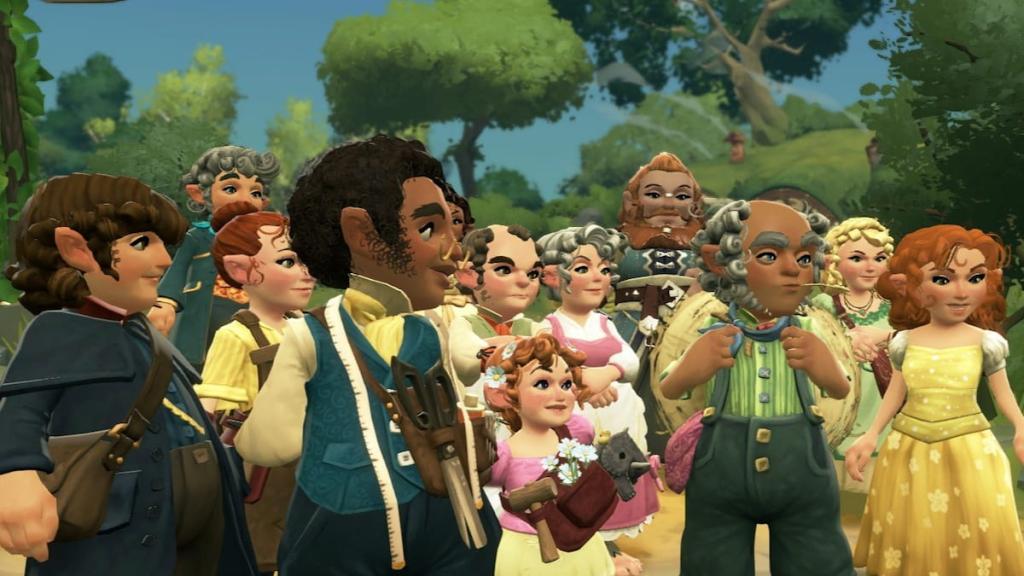 A bunch of townsfolk gathered together in a group standing outside in tales of the shire