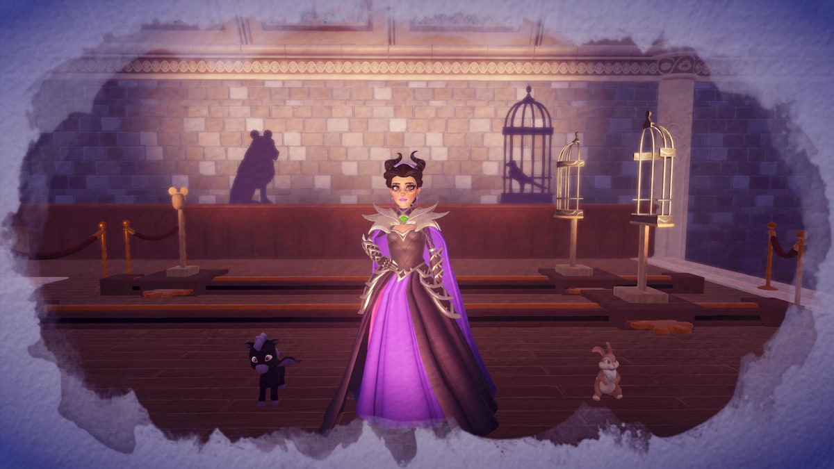 A character wearing a long purple dress standing in front of a shadow puzzle in Disney Dreamlight Valley