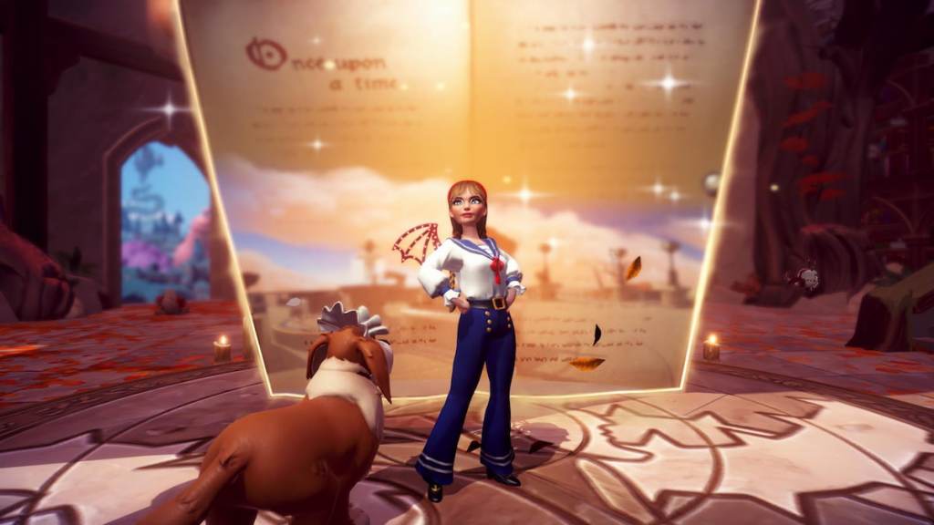 Standing in front of book portal that leads to tthe unwritten realms in disney dreamlight valley