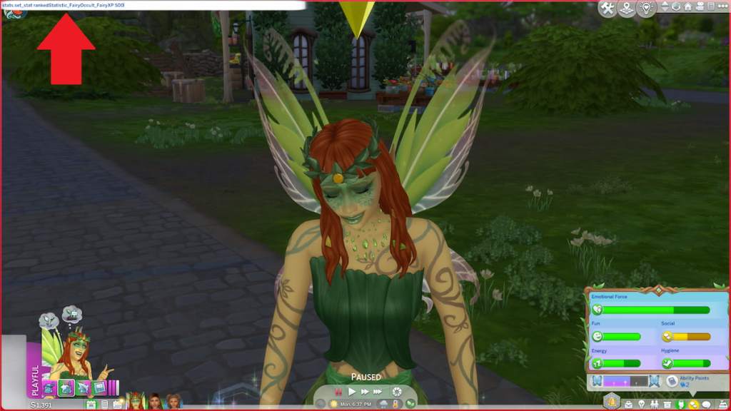 The cheat bar marked in the top left corner above a green fairy sim in the sims 4