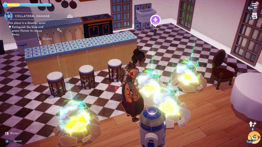 watering blue and green flames in remy's house in disney dreamlight valley