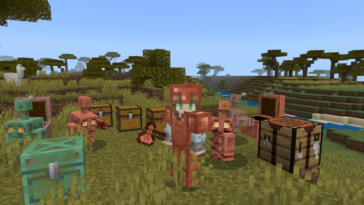 A player in all copper armor holding a copper axe standing outside surrounded by copper golems and chests in minecraft