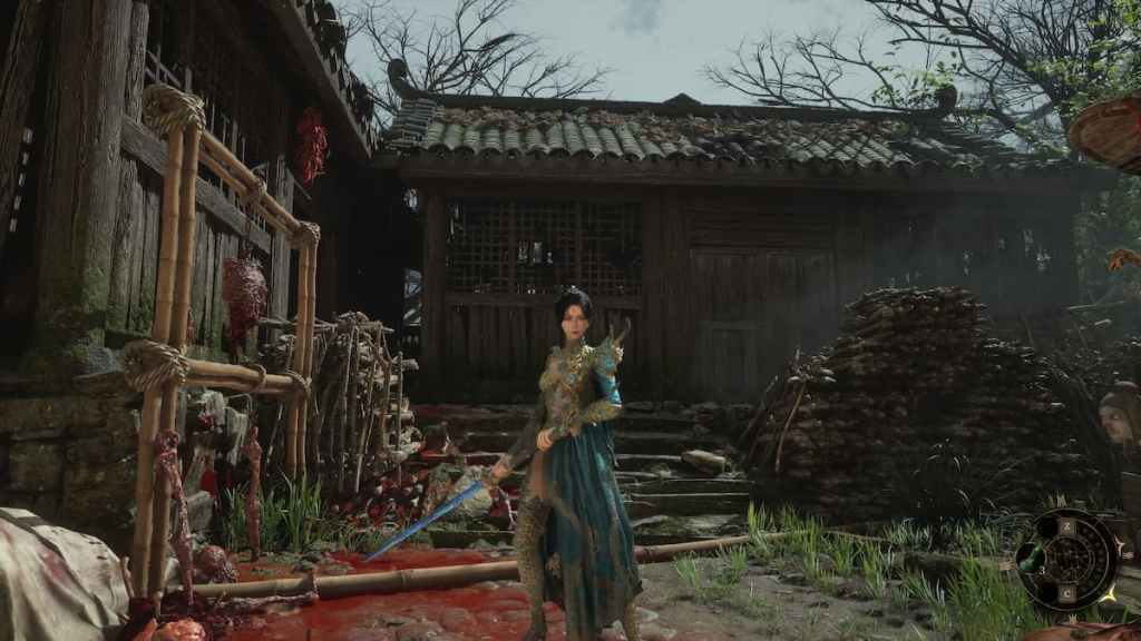 A woman wearing Chinese ornamental robes and a massive sword in an abandoned village covered in blood in Wuchang: Fallen Feathers.
