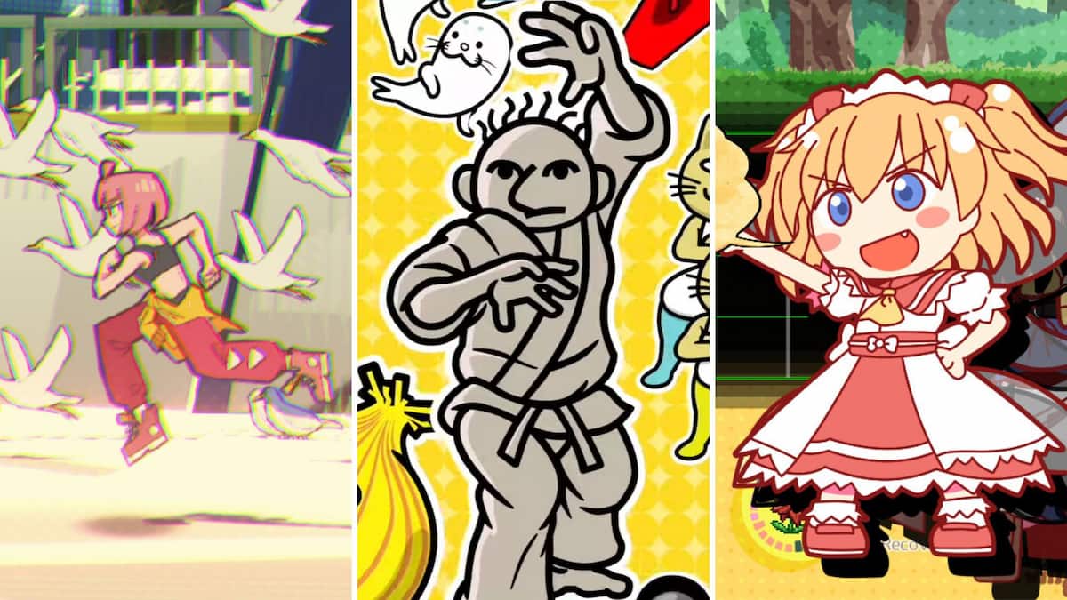 A three-panel image showing UNBEATABLE, Rhythm Heaven, and Yoiyami Dancers screenshots, side by side.