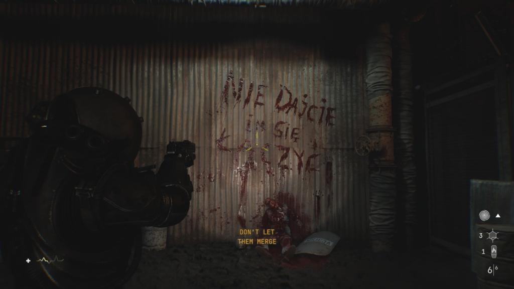 Don't let them merge! written on the wall in blood above a corpse