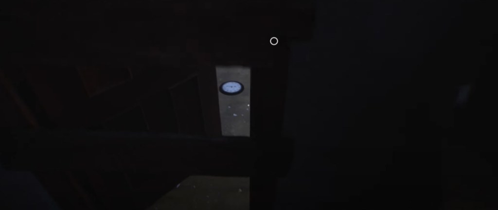 Clock behind open door with wooden planks across the doorframe