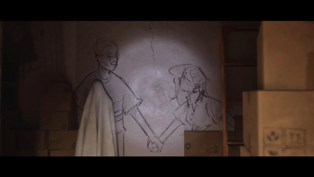 Drawing of Sam's parents on the wall