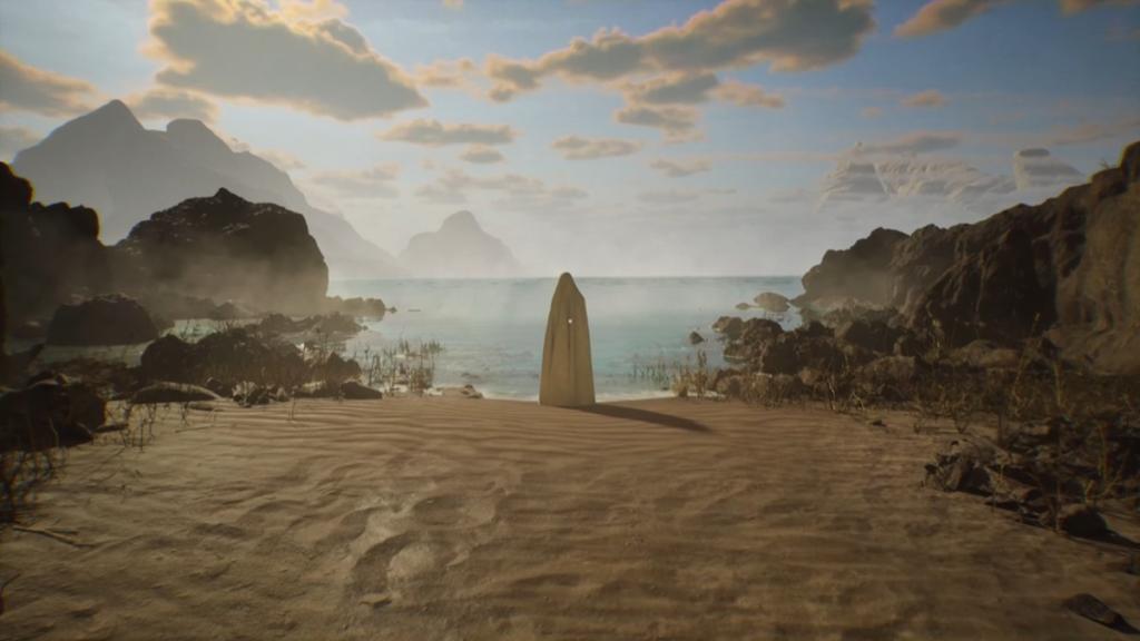 Sandy beach and ocean in background with ghost in center