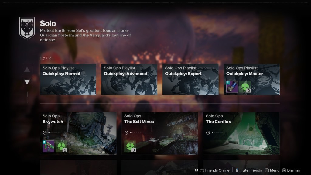 The Portal interface showing a select few activities in Destiny 2