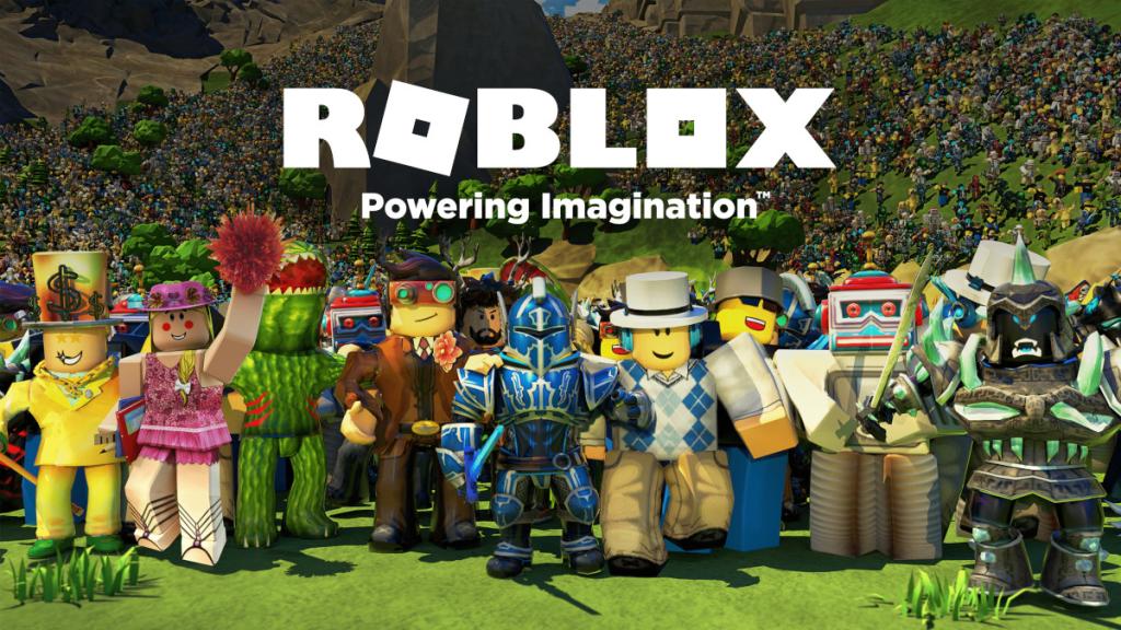 Numerous Roblox characters standing in a field.