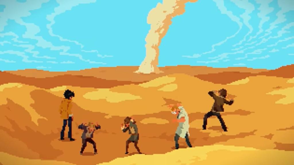 The gang covering their eyes at an explosion in the distance