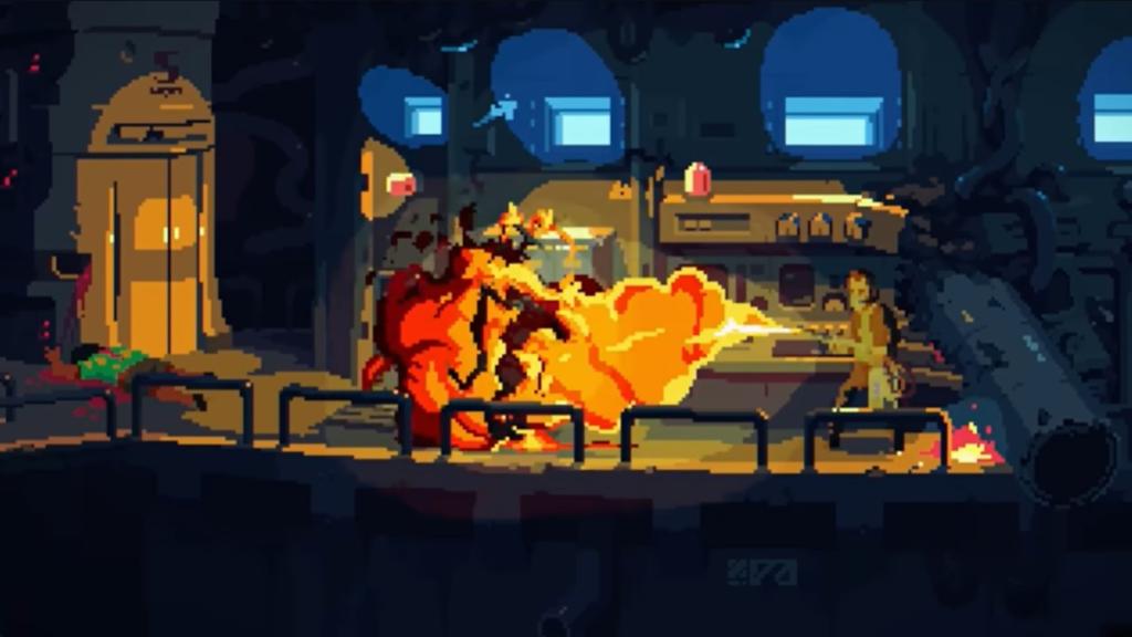 Carter using flamethrower on Mulindji